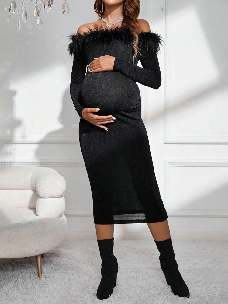 Maternity Off Shoulder Fuzzy Trim Bodycon Dress