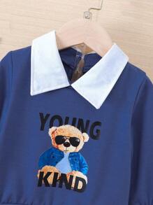 男嬰熊和字母圖案拼接領衛衣和衛褲 - 藍色 - 查看 3