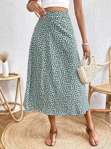 SHEIN VCAY In hoa Ditsy Tách đùi Váy - màu xanh lá - Xem 1