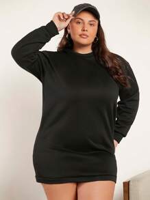 SHEIN BASICS Plus Cozy Fleece Solid Drop Shoulder Dress - Black - View 8