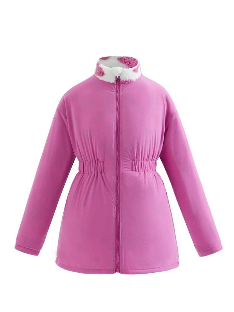 Teen Girl 1pc Heart Print Drop Shoulder Elastic Waist Reversible Coat