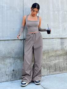 SHEIN EZwear Solid Crop Tank Top With Arm Sleeves & Drawstring Waist Pants - Grey - View 4