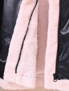 SHEIN Tween Girl Teddy Lined PU Leather Jacket - Black - View 5