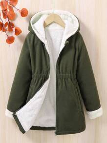 SHEIN Tween Girl Zip Up Thermal Lined Hooded Overcoat - Army Green - View 1