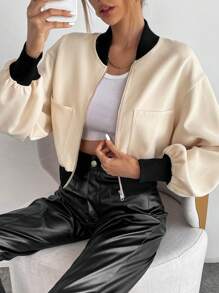 SHEIN Essnce Dual Pocket Drop Shoulder Zip Up Crop Bomber Jacket - Apricot - View 2