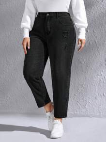 EMERY ROSE Plus Ripped Mom Fit Jeans, Fall Women Clothes - Black - View 1