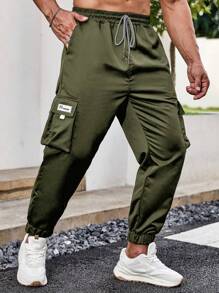 Claim Dot Plus Size Men's Loose Letter Patched Flap Pocket Drawstring Waist Cargo Pants - Army Green - View 4