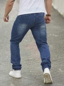 Manfinity Homme 男士抽绳腰胡萝卜牛仔裤，纯色深蓝色修身长款深色洗水牛仔裤，洗水工装牛仔裤，适合丈夫、男朋友的礼物 - 藍色 - 查看 2