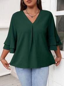 Celure Blusa de cuello en V con mangas acampanadas en talla grande