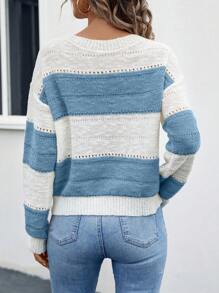 SHEIN LUNE Two Tone Drop Shoulder Pointelle Knit Sweater - Dusty Blue - View 2