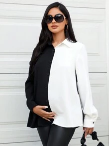 SHEIN Maternidad Blusa de dos tonos con botón delantero - Blanco y Negro - Ver 3