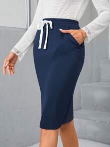 EMERY ROSE Slant Pocket Split Side Skirt - Navy Blue - View 4