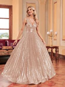 XUIBOL Plunging Neck Sequin Formal Dress