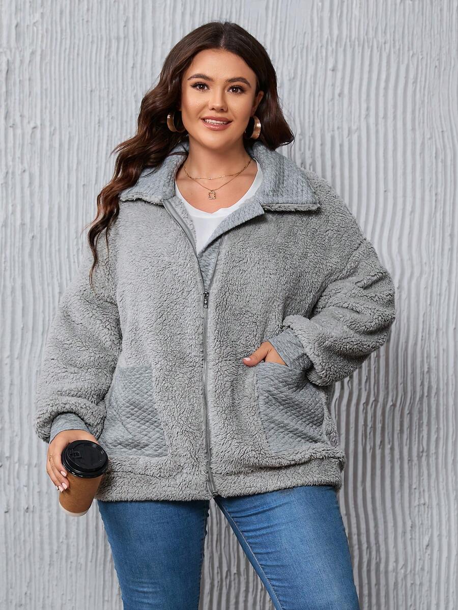 SHEIN LUNE Plus Drop Shoulder Zip Up Teddy Coat - Grey - View 1
