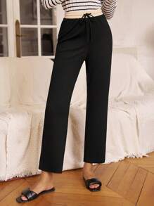 SHEIN Frenchy 腰部抽繩直筒褲 - 黑色 - 查看 1