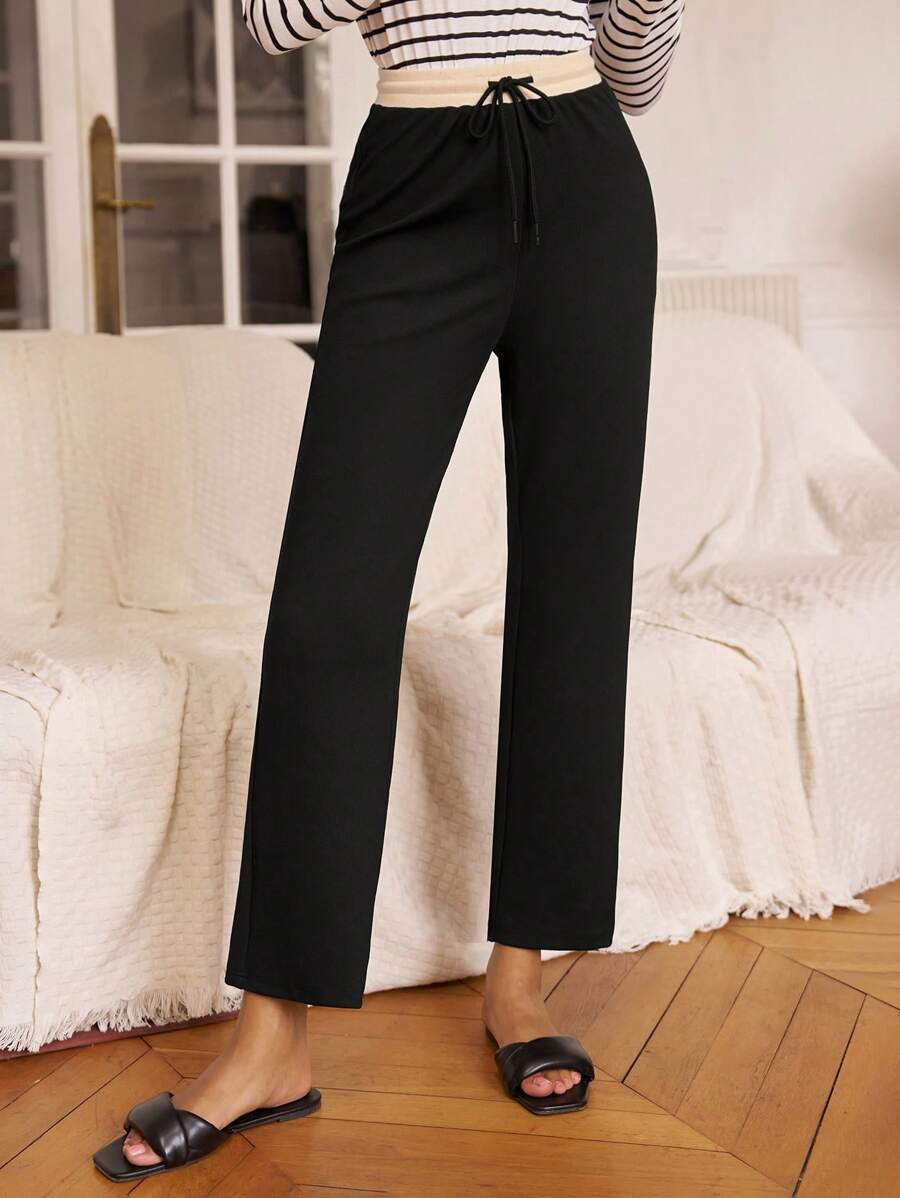SHEIN Frenchy 腰部抽繩直筒褲 - 黑色 - 查看 1