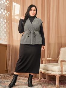 Mulvari Plus Funnel Neck Rib-Knit Dress & Self Belted Double Breasted Vest Coat 2 Piece Set Fall Cloth For Women - Black - View 1