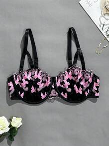 Plus Embroidery Mesh Underwire Bra - Multicolor - View 1