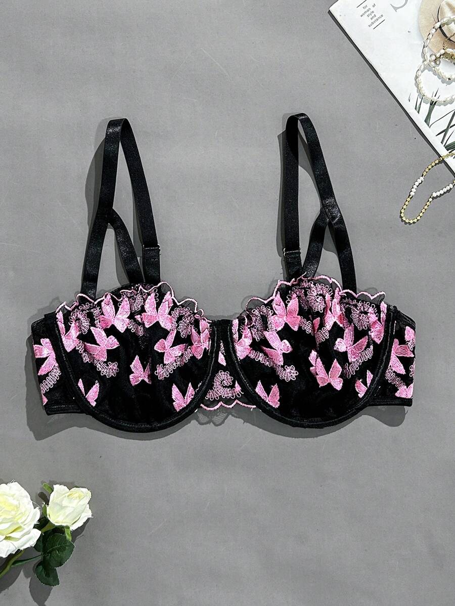 Plus Embroidery Mesh Underwire Bra - Multicolor - View 1