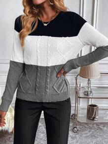 EMERY ROSE Color Block Cable Knit Pullover Fall Winter Sweater - Multicolor - View 3