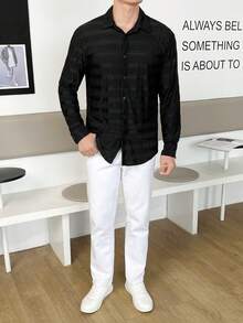 GENTILAND 寬鬆款純色男士鈕扣衫 - 黑色 - 查看 6