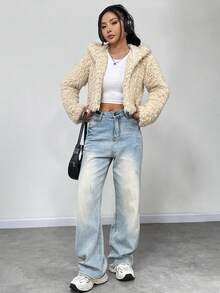 SHEIN Unity Open Front Hooded Fuzzy Coat - Khaki - View 5