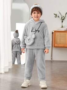 SHEIN Young Boy Letter Embroidery Drop Shoulder Teddy Hoodie & Pants With Bag - Light Grey - View 1