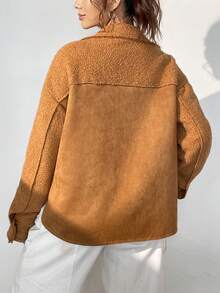 SHEIN EZwear 翻蓋口袋落肩袖毛絨夾克 - 卡其色 - 查看 2