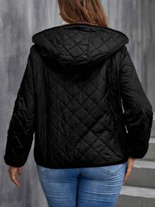 SHEIN LUNE 大碼毛絨內襯連帽絎縫外套 - 黑色 - 查看 2