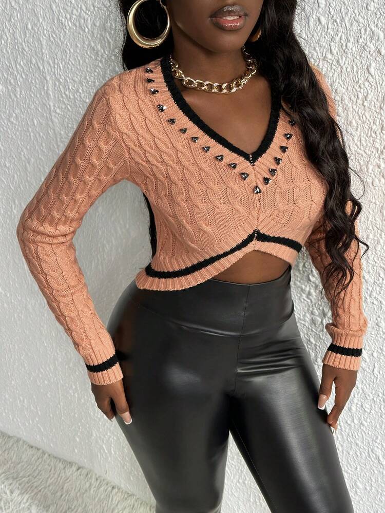 Contrast Trim Rhinestone Detail Crop Sweater