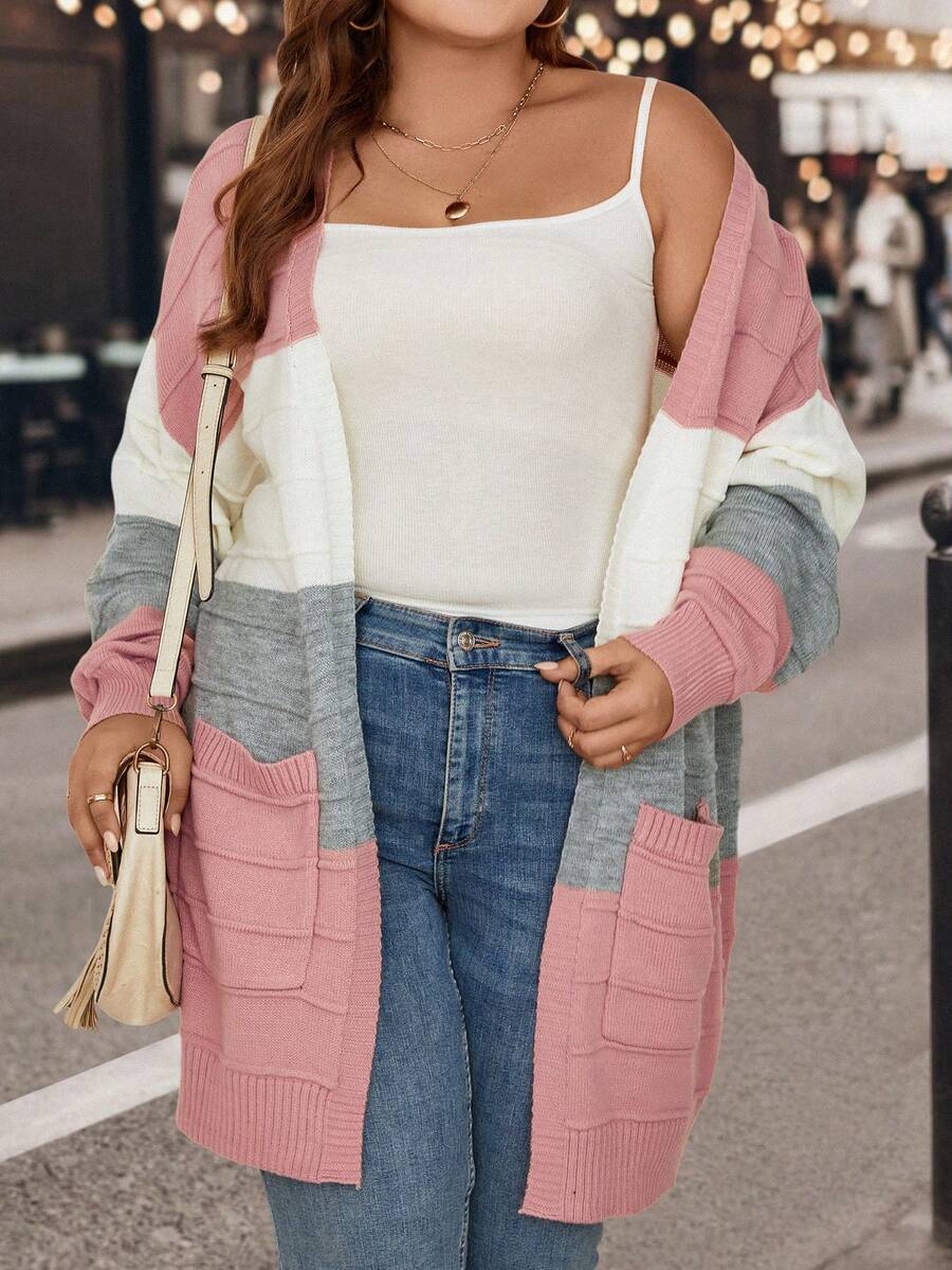 SHEIN LUNE 大码拼色落肩开衫 - 彩色 - 查看 1