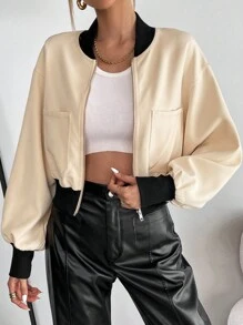 SHEIN Essnce Dual Pocket Drop Shoulder Zip Up Crop Bomber Jacket - Apricot - View 4