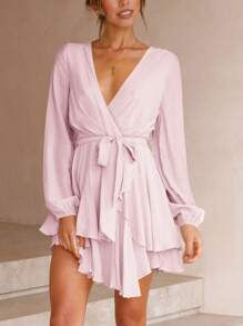 Plunging Neck Lantern Sleeve Layer Hem Belted Dress - Baby Pink - View 1
