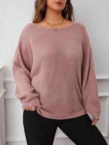SHEIN SXY Hơn Đồ Trang trí ngọc trai Xoay lại Trở lại tay cánh Áo len - Bụi hồng - Xem 2