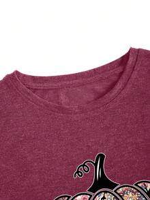 SHEIN EZwear 1pc Pumpkin & Letter Graphic Tee - Burgundy - View 3