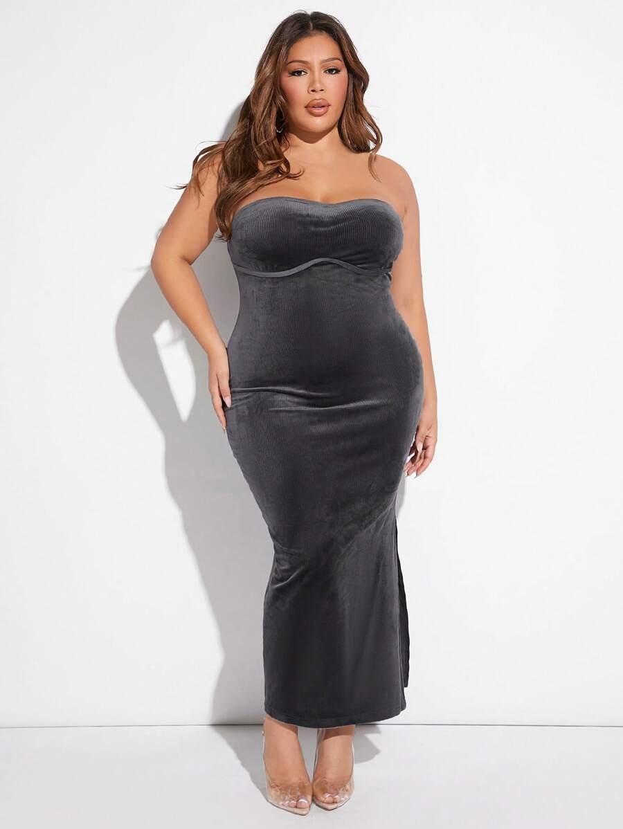 SHEIN X GiudiceGirls Talla grande Vestido ajustado tubo de muslo con abertura de terciopelo - Gris - Ver 1