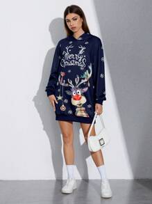 SHEIN Unity 聖誕圖案落肩袖連帽洋裝 - 藏蓝色 - 查看 3