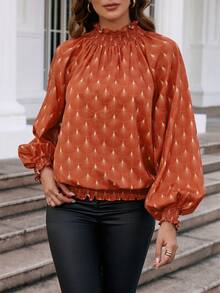 SHEIN Clasi 滿版印花燈籠袖褶邊襯衫 - 紅色 - 查看 5