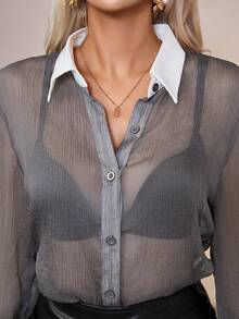 SHEIN Privé Contrast Collar Button Front Shirt Without Cami Top - Khaki - View 5