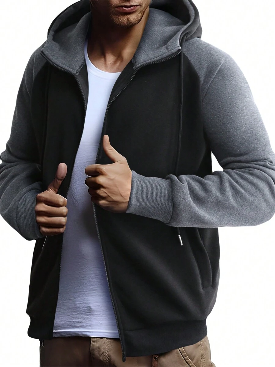 Manfinity Homme Men Colorblock Zip Up Drawstring Hoodie - Black - View 1