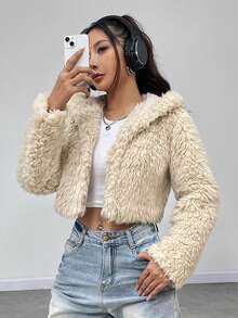 SHEIN Unity Open Front Hooded Fuzzy Coat - Khaki - View 4