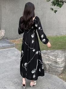 DAZY Vestido de cuello cuadrado con estampado floral, vestido de lechera, volantes, vestido largo de manga larga para otoño