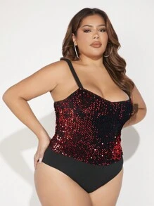 SHEIN SXY Plus Sequin Cami Bodysuit - Burgundy - View 5