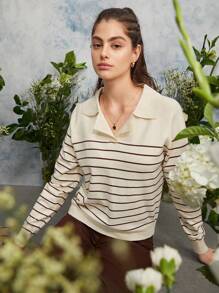 Dazy-Less Gestreifter Raglanärmel Pullover, Langarm Oberteil, Herbstkleidung Business Lässig Arbeitskleidung für Frauen - Aprikosenfarben - Übersicht 3