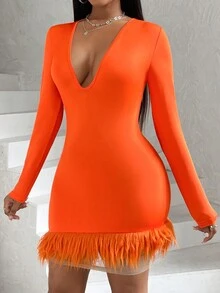 SHEIN Slayr Cổ Lao Viền rìa Váy bodycon - trái cam - Xem 4
