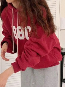 DAZY Letter Embroidery Drop Shoulder Drawstring Hoodie,Long Sleeve Tops Sweatshirt - Red - View 2