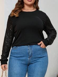 Talla grande Camiseta con lentejuela en contraste - Negro - Ver 4