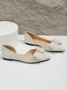 Faux Pearls Decor Ballet Flats, Beige Bowknot & Pearl Solid Color Ballet Flats For Women - Beige - View 6
