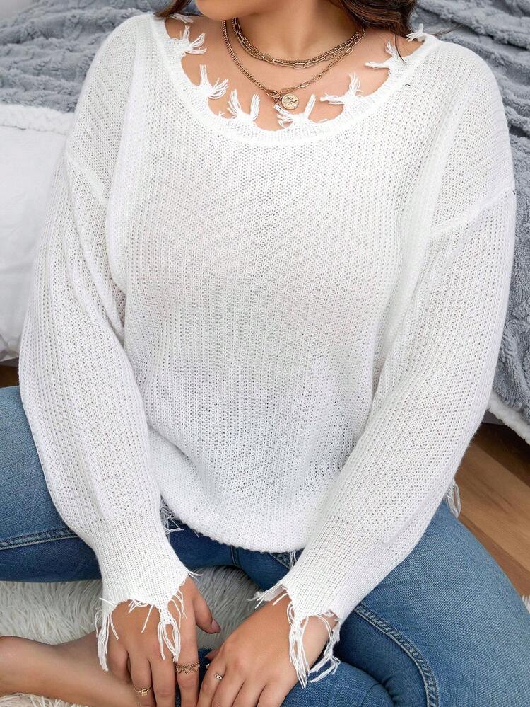 Plus Drop Shoulder Distressed Trim Sweater Knit Pullover Fall Winter Sweater