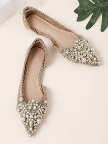 Women Faux Pearl Decor Flats, Fashionable Point Toe Ballet Flats - Camel - View 5